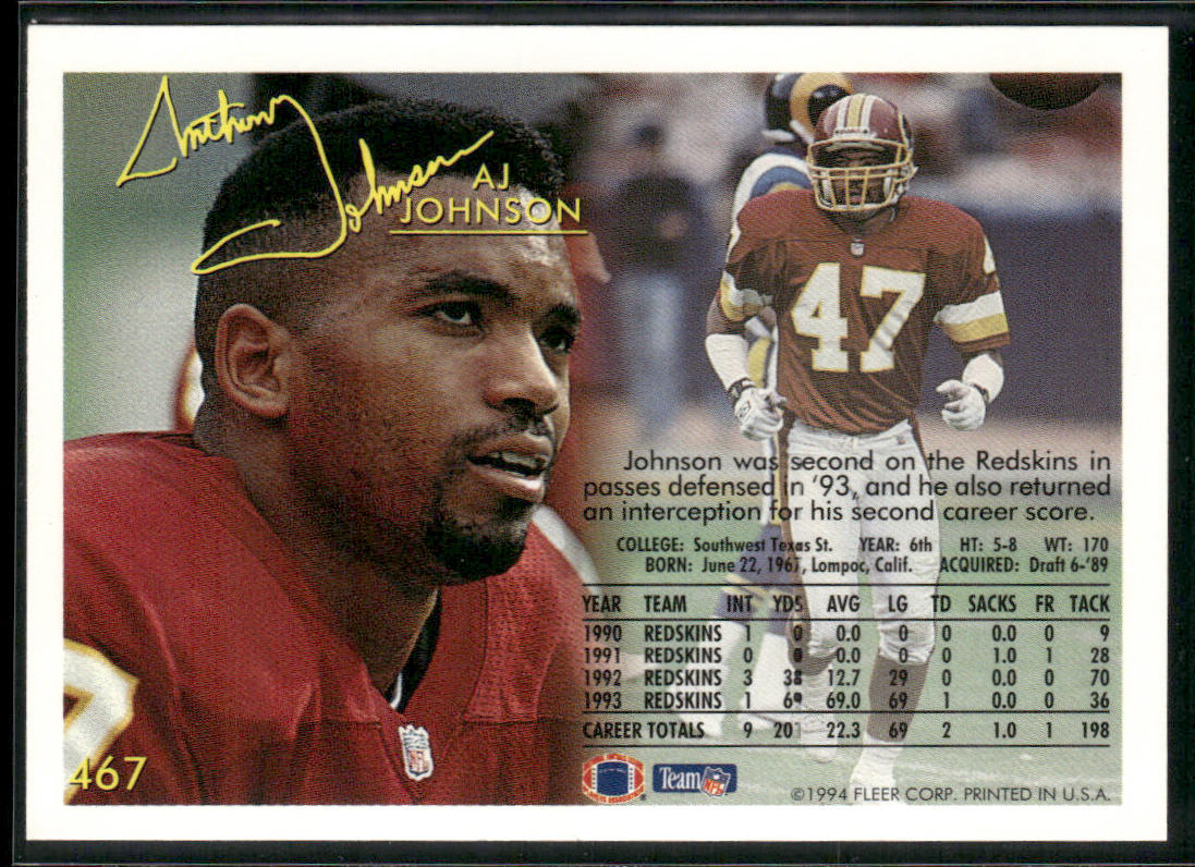 A.J. Johnson 1994 Fleer #467 Washington Redskins