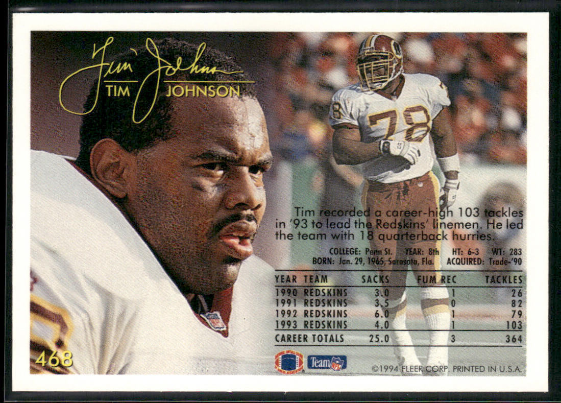 Tim Johnson 1994 Fleer #468 Washington Redskins