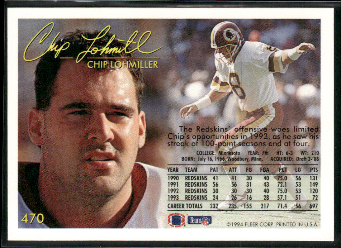 Chip Lohmiller 1994 Fleer #470 Washington Redskins