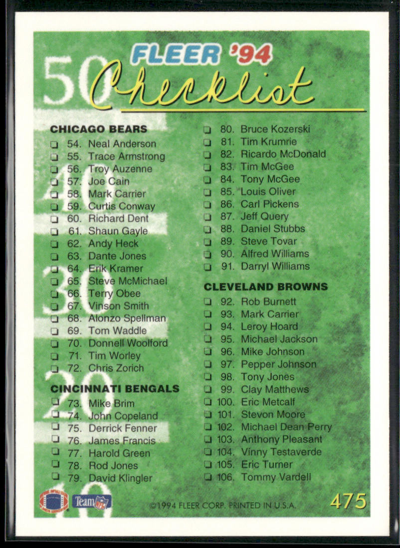 Checklist: 1-106 1994 Fleer #475 Dallas Cowboys