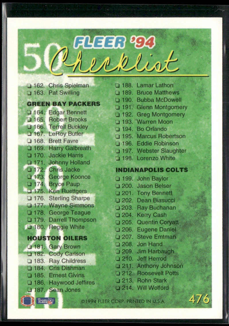 Checklist: 107-214 1994 Fleer #476 San Francisco 49ers