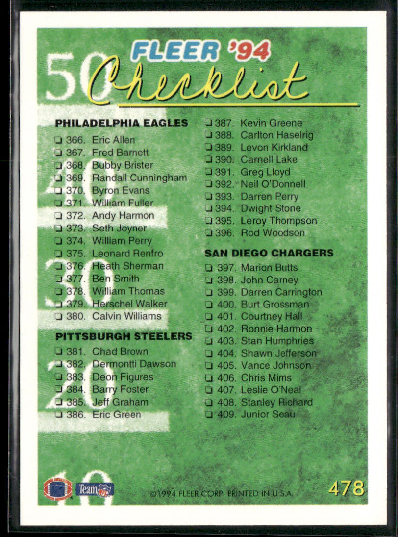 Checklist: 318-409 1994 Fleer #478 Dallas Cowboys