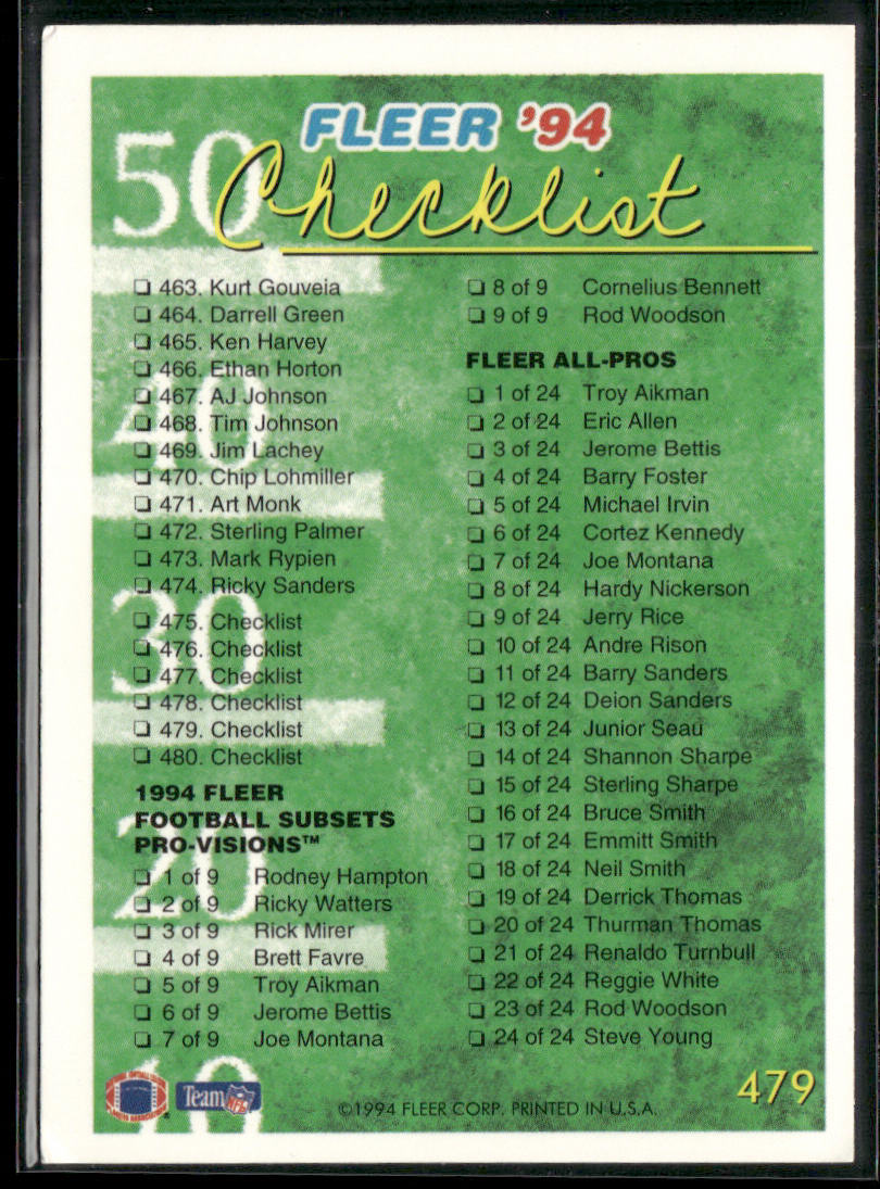 Checklist: 410-480 and Inserts 1994 Fleer #479 Miami Dolphins