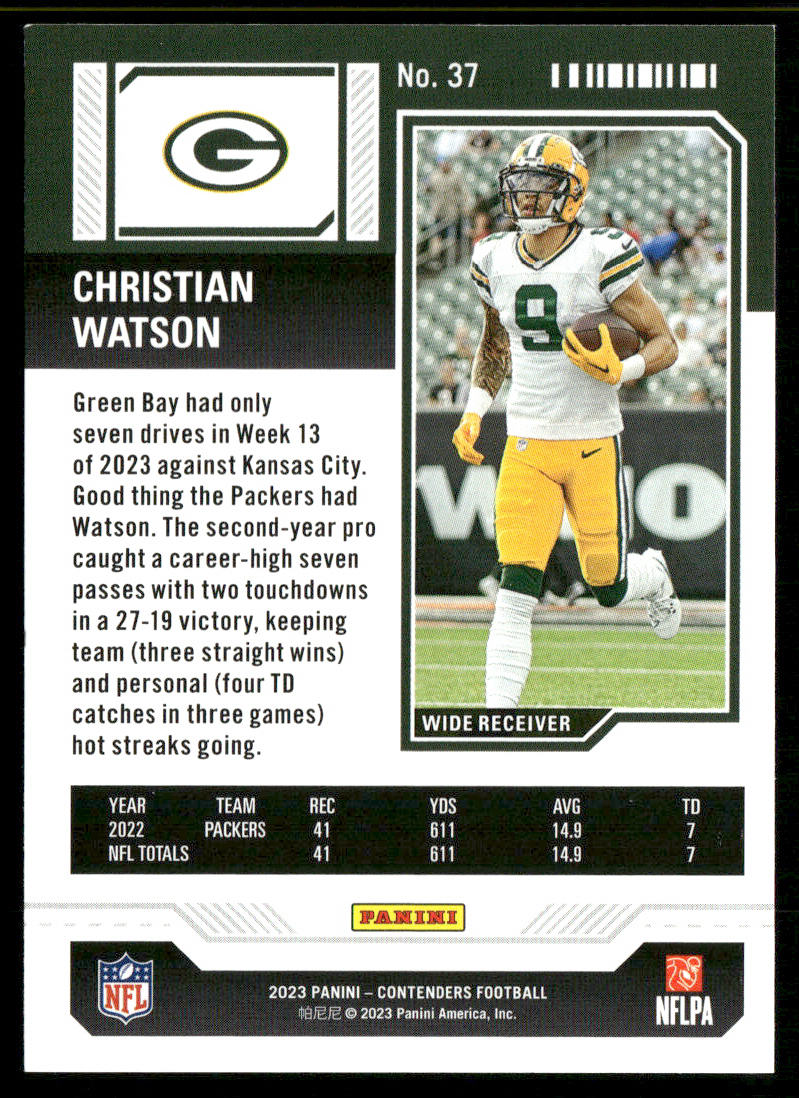 Christian Watson 2023 Panini Contenders Season Ticket Retail #37 Packers
