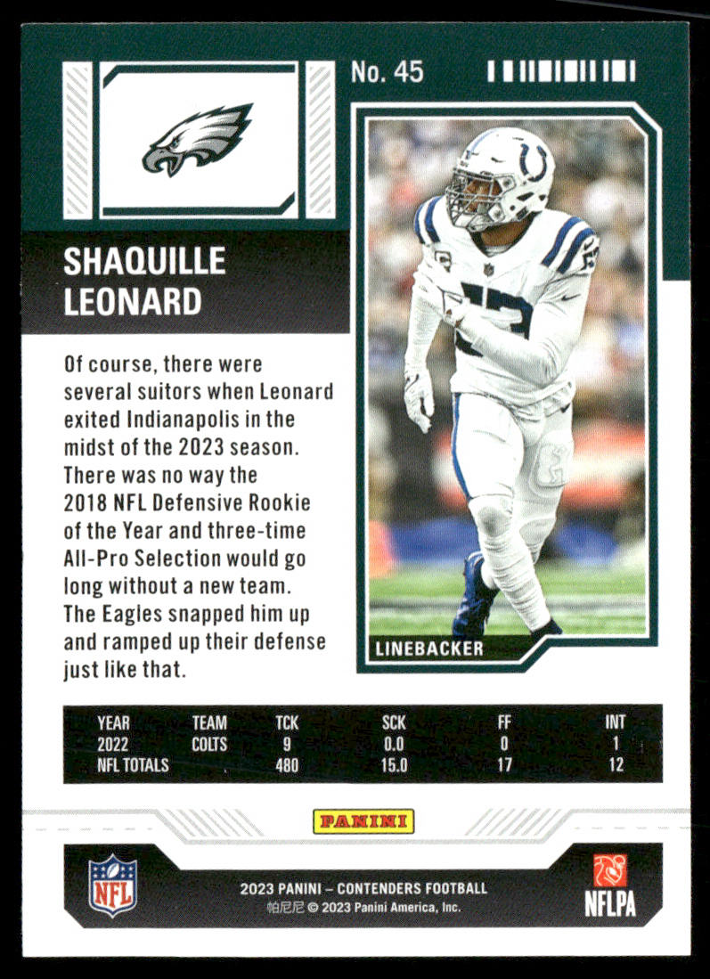Shaquille Leonard 2023 Panini Contenders Season Ticket Retail #45