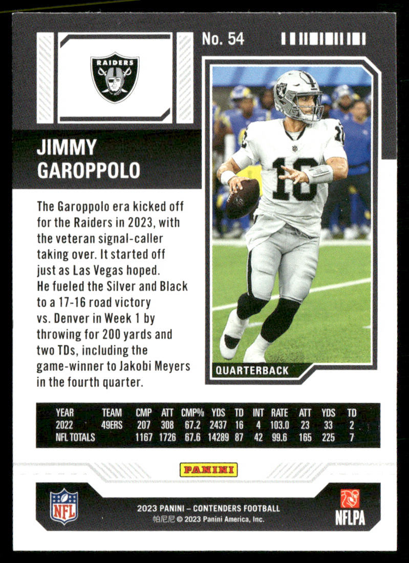Jimmy Garoppolo 2023 Panini Contenders Season Ticket Retail #54 Raiders