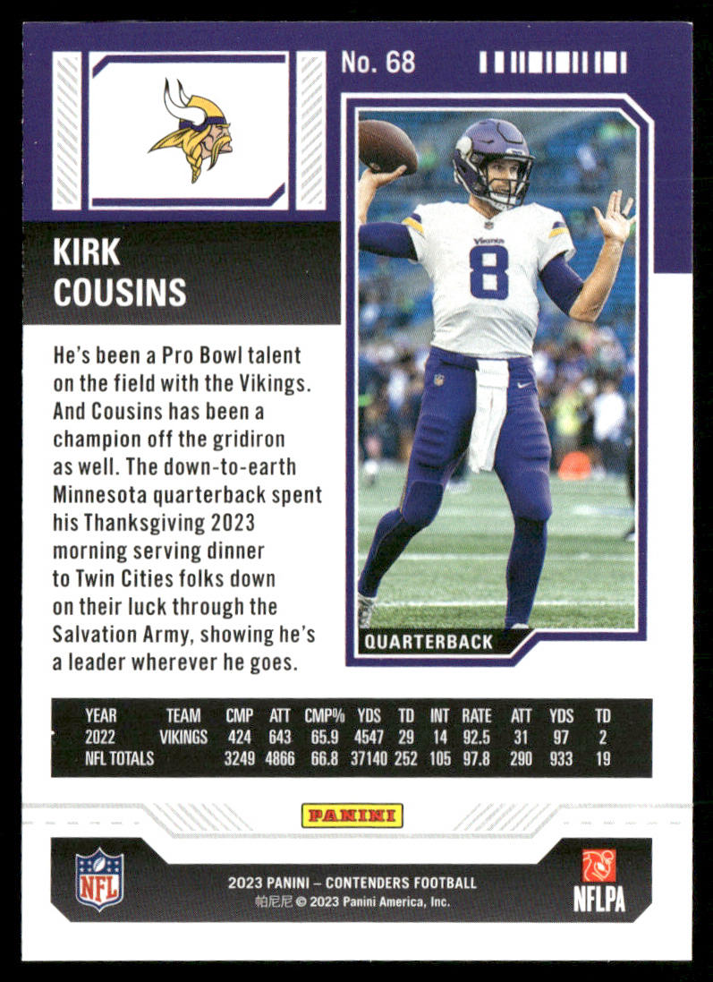 Kirk Cousins 2023 Panini Contenders Season Ticket Retail #68 Minnesota Vikings