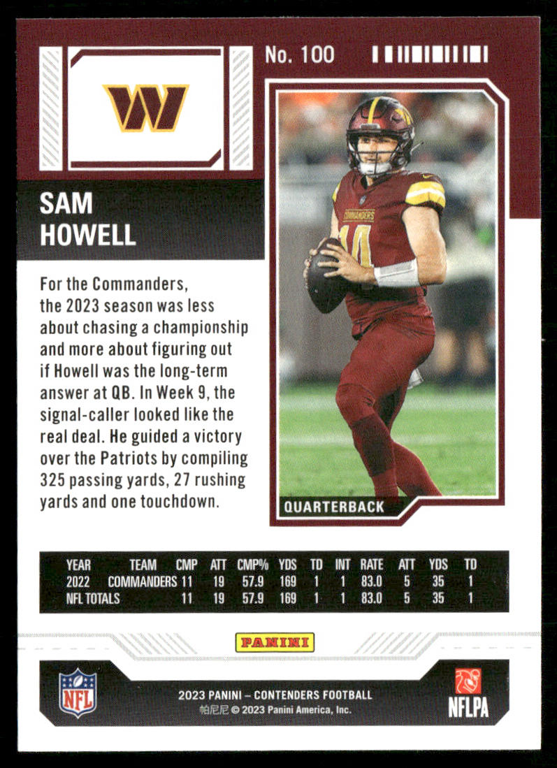 Sam Howell 2023 Panini Contenders Season Ticket Retail #100 Commanders