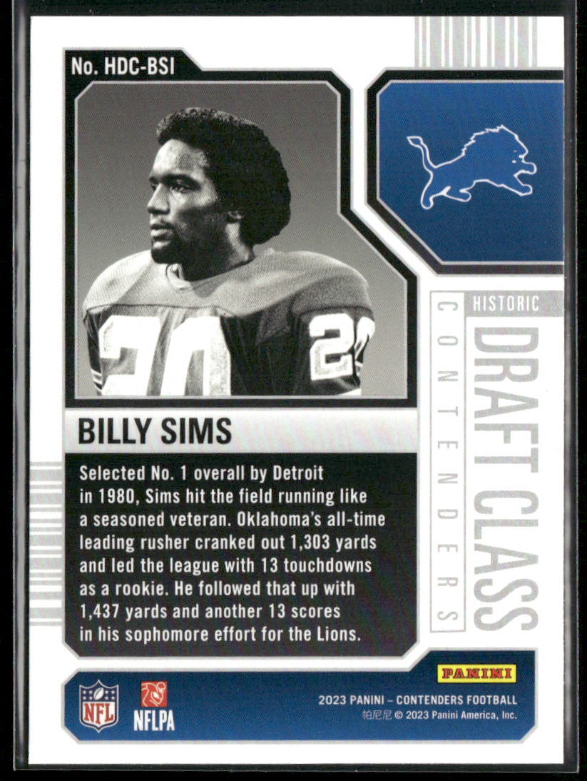 Billy Sims 2023 Panini Contenders Historic Draft Class Contenders #HDC-BSI Lions