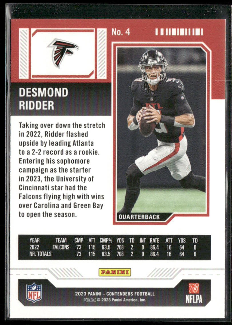 Desmond Ridder 2023 Panini Contenders Game Ticket Red #4 Atlanta Falcons