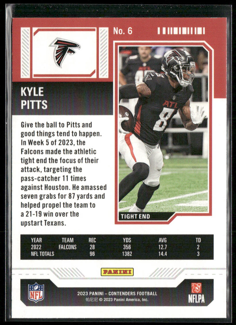 Kyle Pitts 2023 Panini Contenders Game Ticket Red #6 Atlanta Falcons