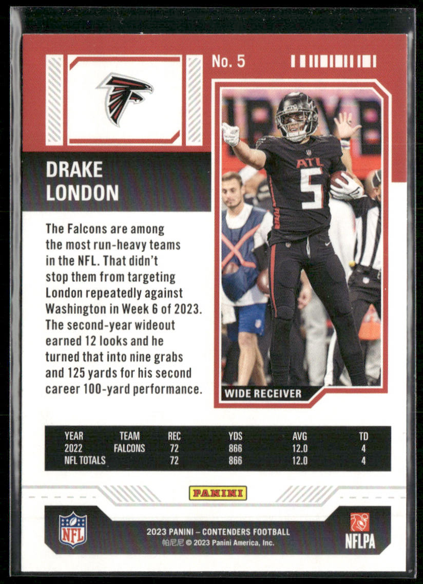 Drake London 2023 Panini Contenders Game Ticket Red #5 Atlanta Falcons