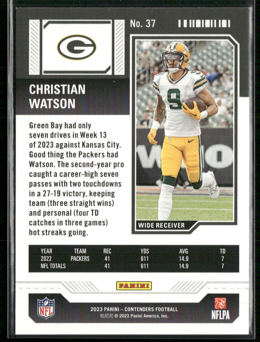 Christian Watson 2023 Panini Contenders Game Ticket Red #37 Green Bay Packers