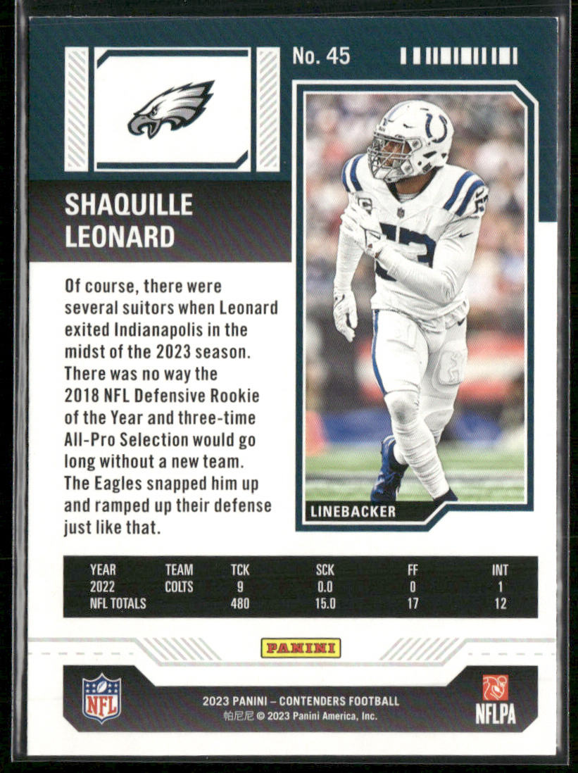 Shaquille Leonard 2023 Panini Contenders Game Ticket Red #45 Philadelphia Eagles