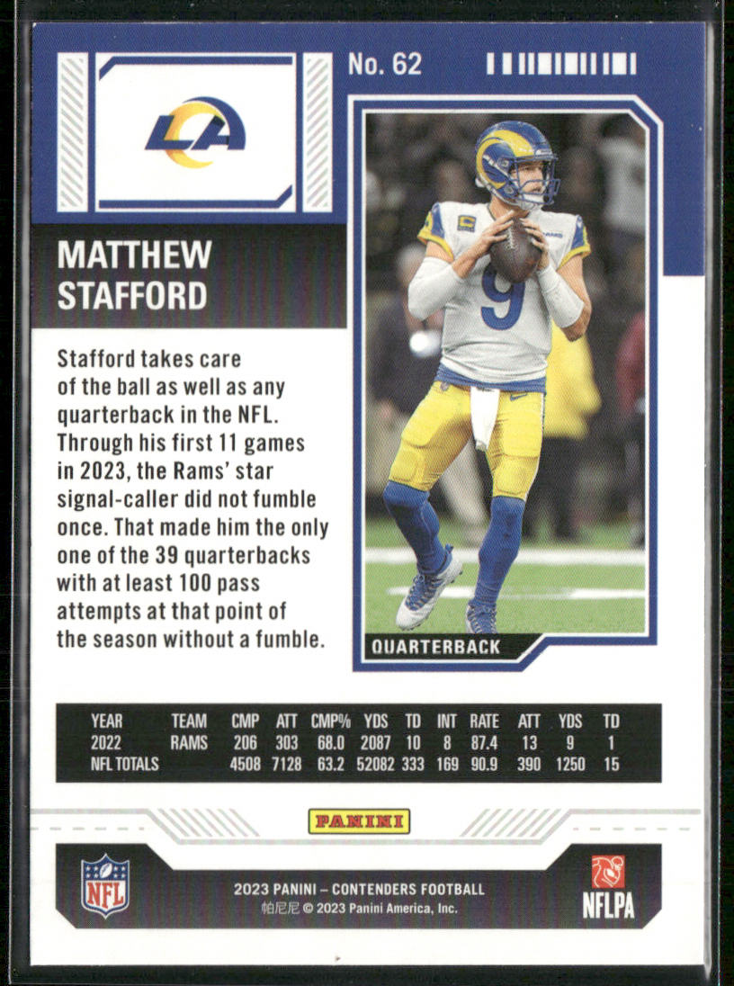 Matthew Stafford 2023 Panini Contenders Game Ticket Red #62 Los Angeles Rams