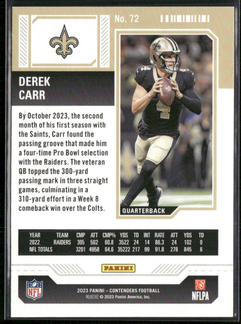 Derek Carr 2023 Panini Contenders Game Ticket Red #72 New Orleans Saints