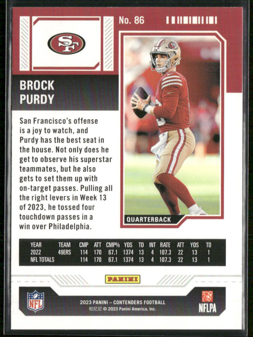 Brock Purdy 2023 Panini Contenders Game Ticket Red #86 San Francisco 49ers