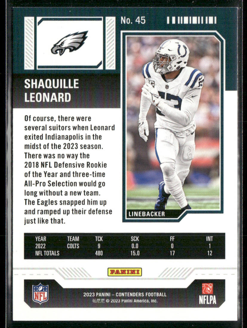 Shaquille Leonard 2023 Panini Contenders Game Ticket Bronze #45 Eagles