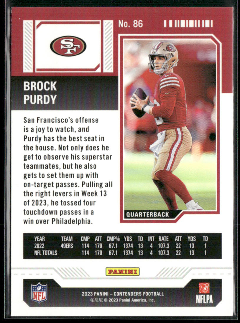 Brock Purdy 2023 Panini Contenders Game Ticket Bronze #86 San Francisco 49ers