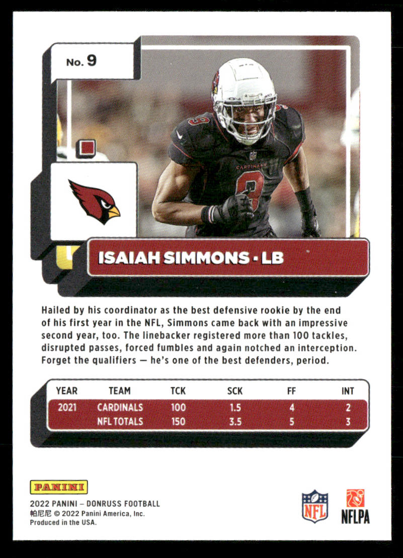 Isaiah Simmons 2022 Donruss #9 Arizona Cardinals