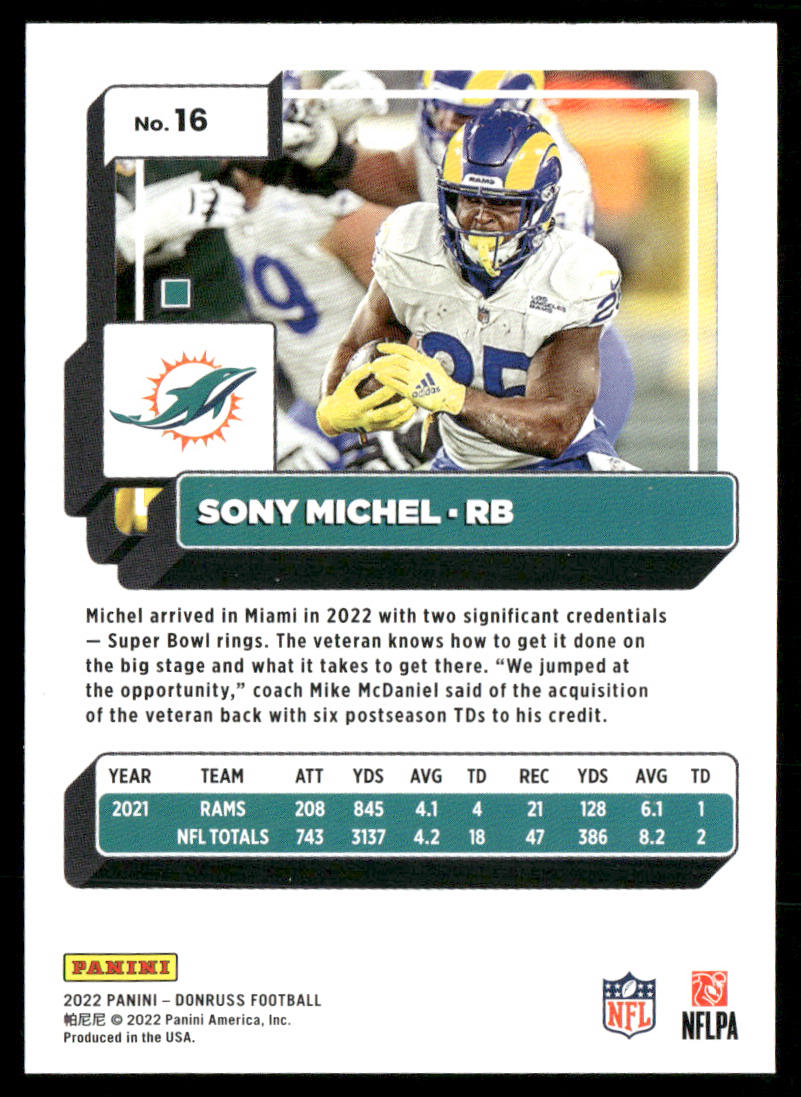 Sony Michel 2022 Donruss #16 Miami Dolphins