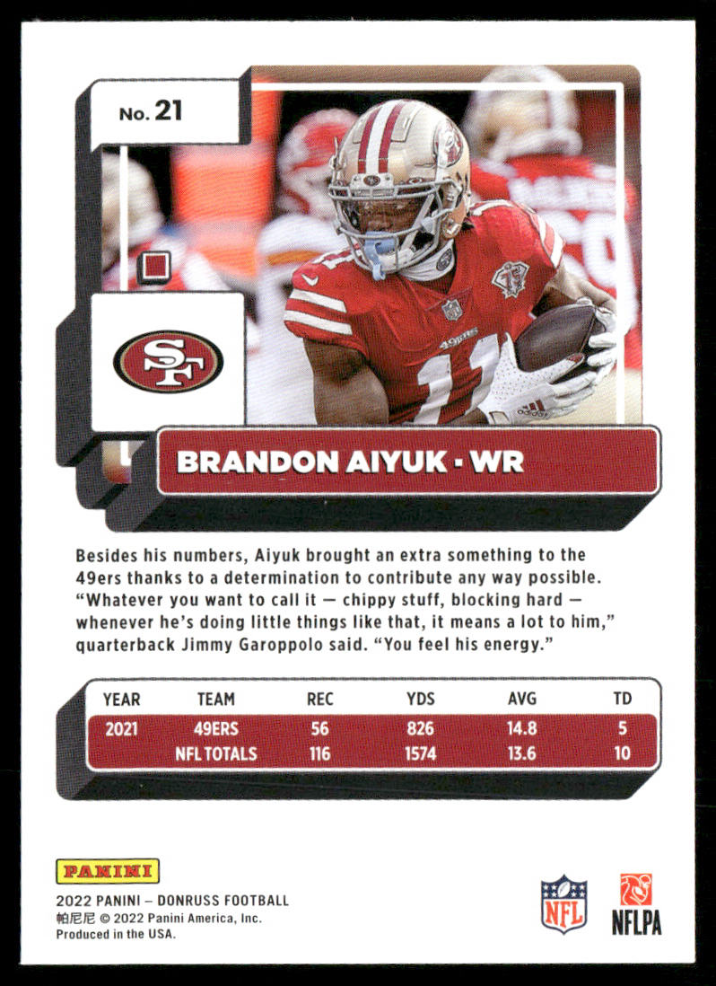 Brandon Aiyuk 2022 Donruss #21 San Francisco 49ers