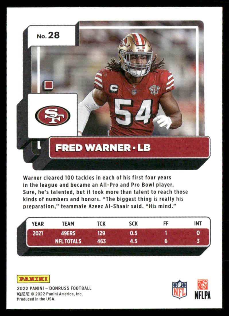 Fred Warner 2022 Donruss #28 San Francisco 49ers