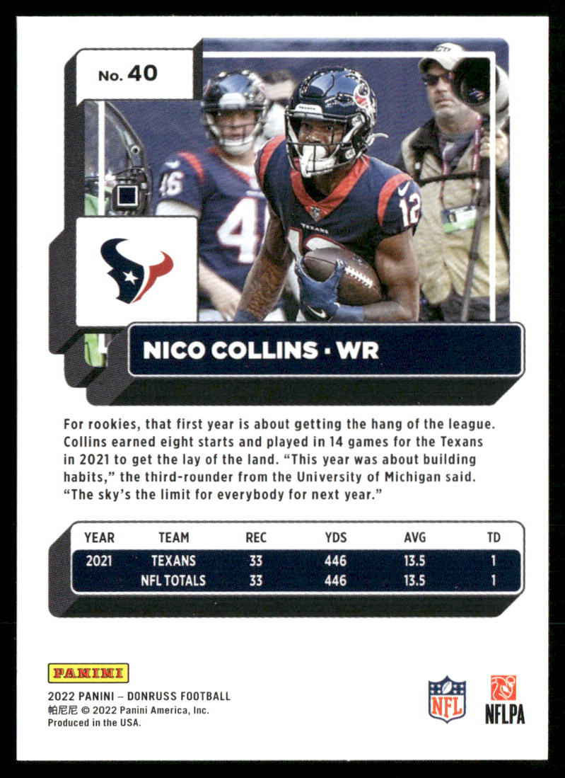 Nico Collins 2022 Donruss #40 Houston Texans