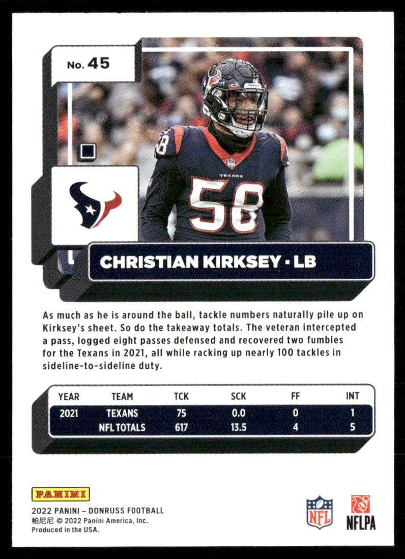 Christian Kirksey 2022 Donruss #45 Houston Texans