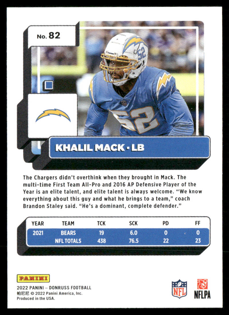 Khalil Mack 2022 Donruss #82 Los Angeles Chargers