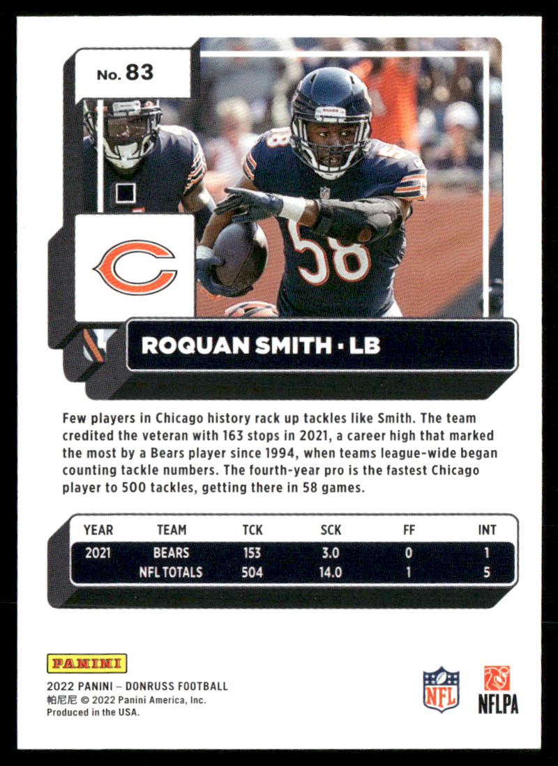 Roquan Smith 2022 Donruss #83 Chicago Bears