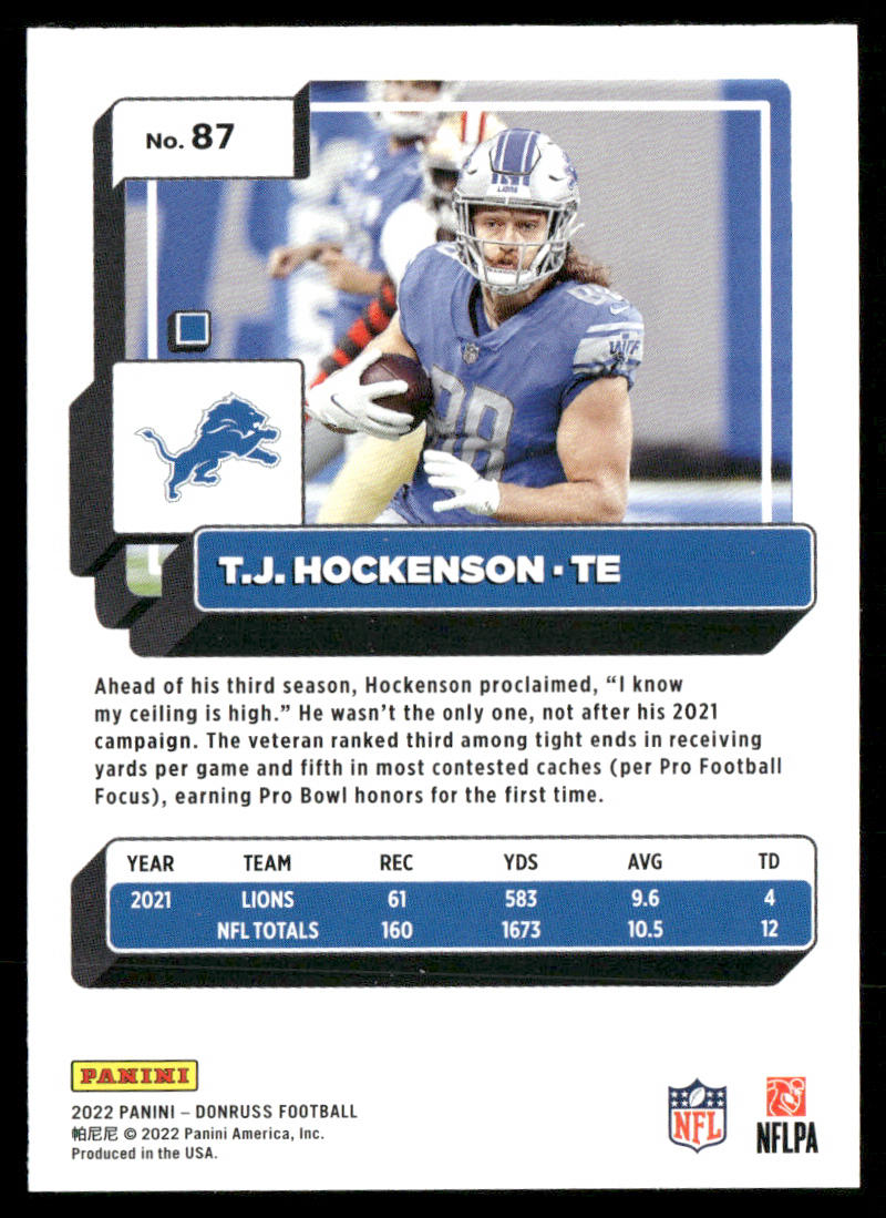 T.J. Hockenson 2022 Donruss #87 Detroit Lions