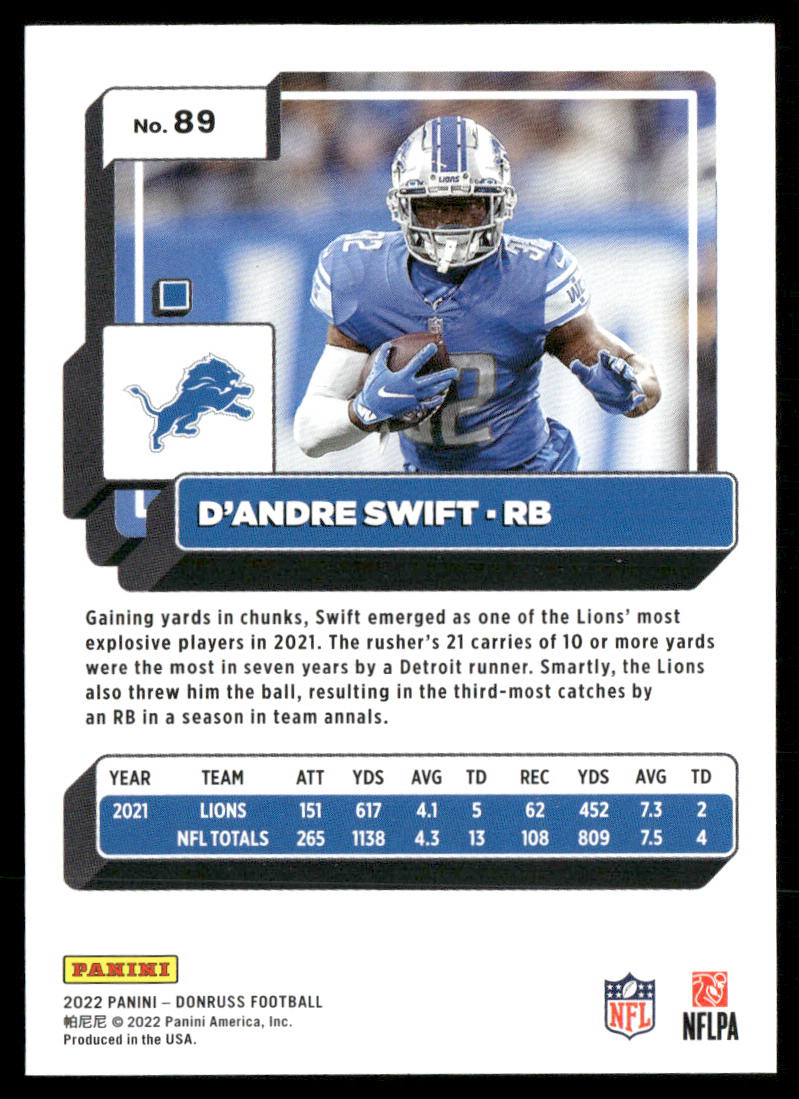 D'Andre Swift 2022 Donruss #89 Detroit Lions