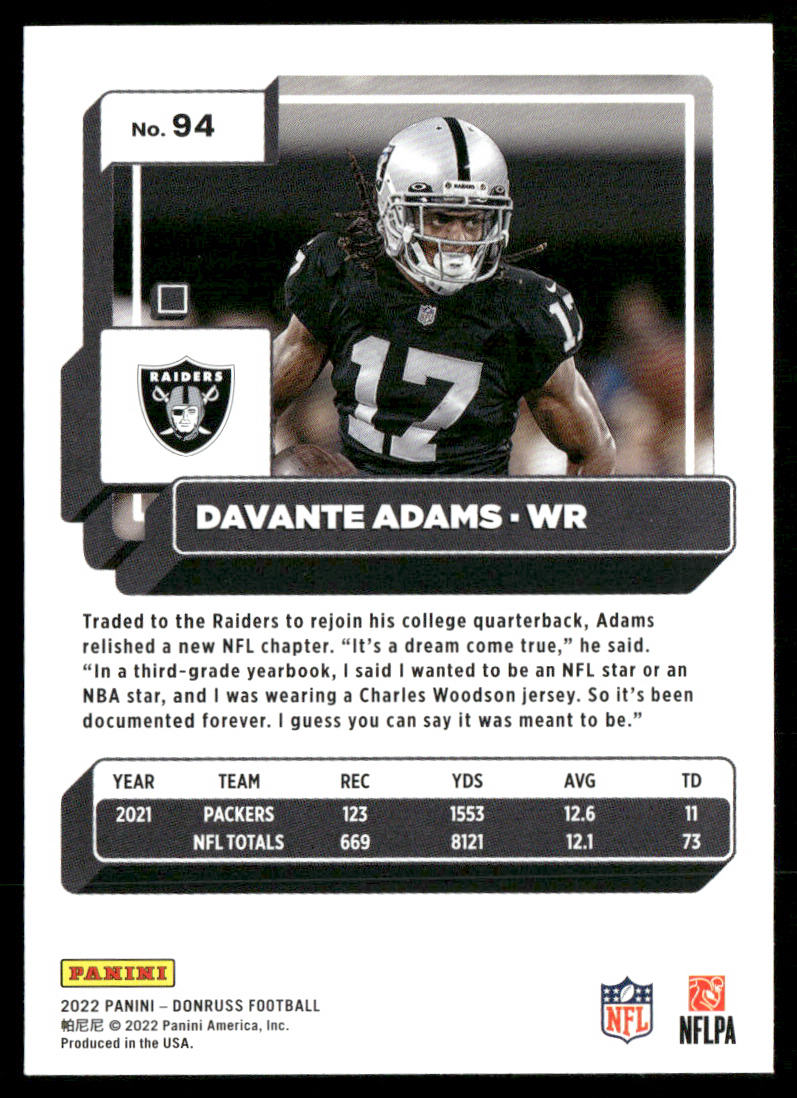 Davante Adams 2022 Donruss #94 Las Vegas Raiders