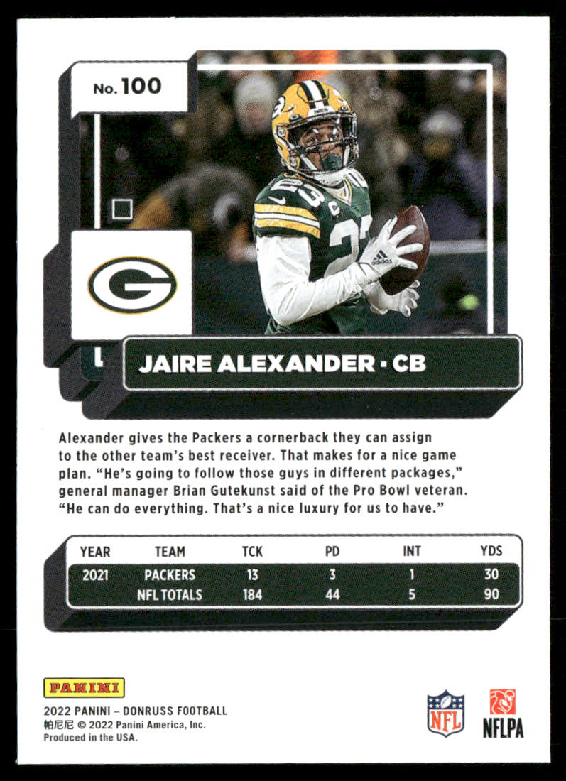 Jaire Alexander 2022 Donruss #100 Green Bay Packers