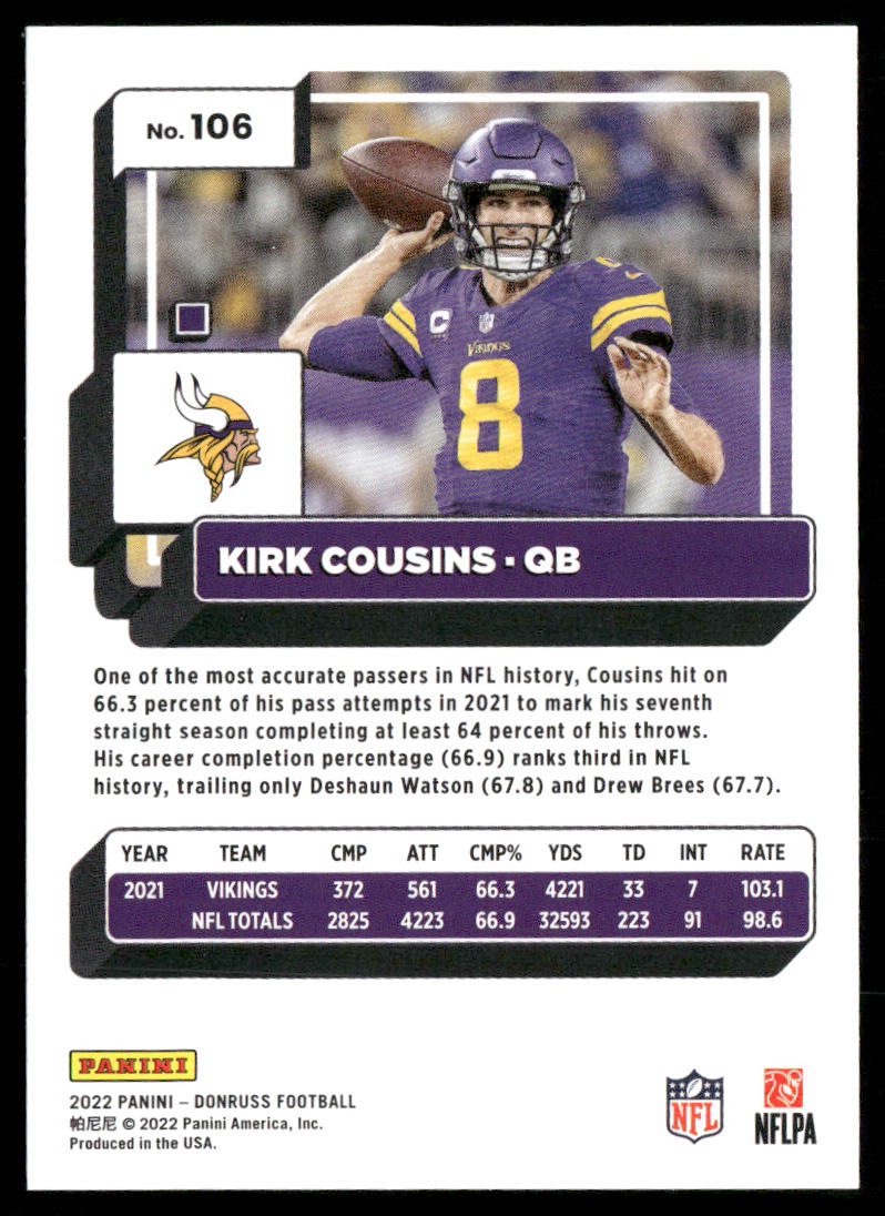 Kirk Cousins 2022 Donruss #106 Minnesota Vikings