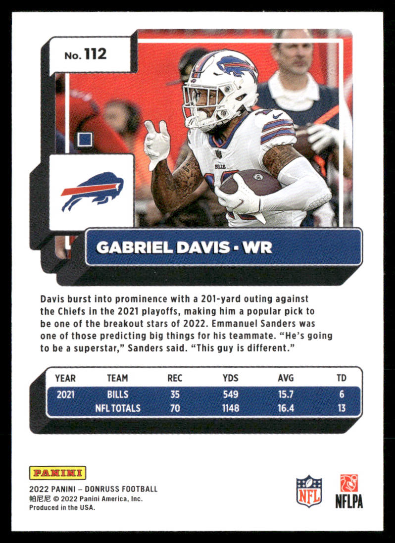Gabriel Davis 2022 Donruss #112 Buffalo Bills
