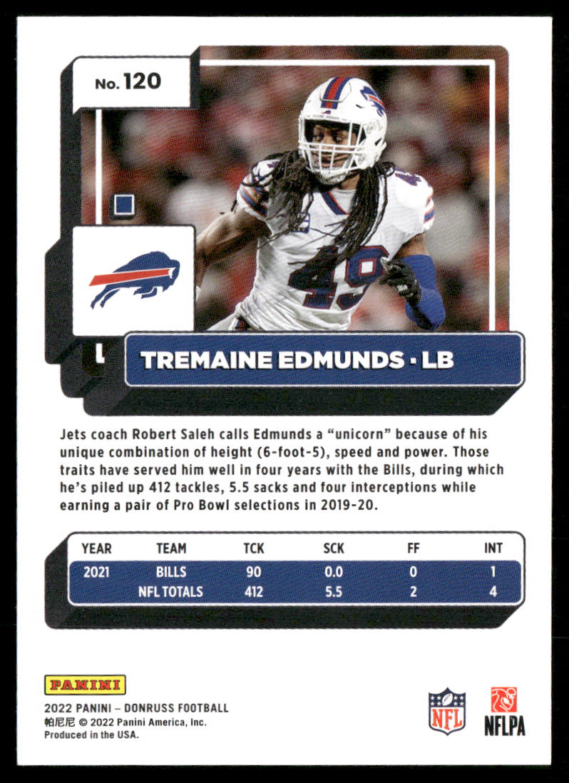 Tremaine Edmunds 2022 Donruss #120 Buffalo Bills