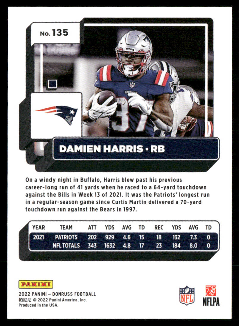 Damien Harris 2022 Donruss #135 New England Patriots