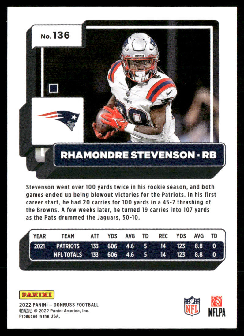 Rhamondre Stevenson 2022 Donruss #136 New England Patriots