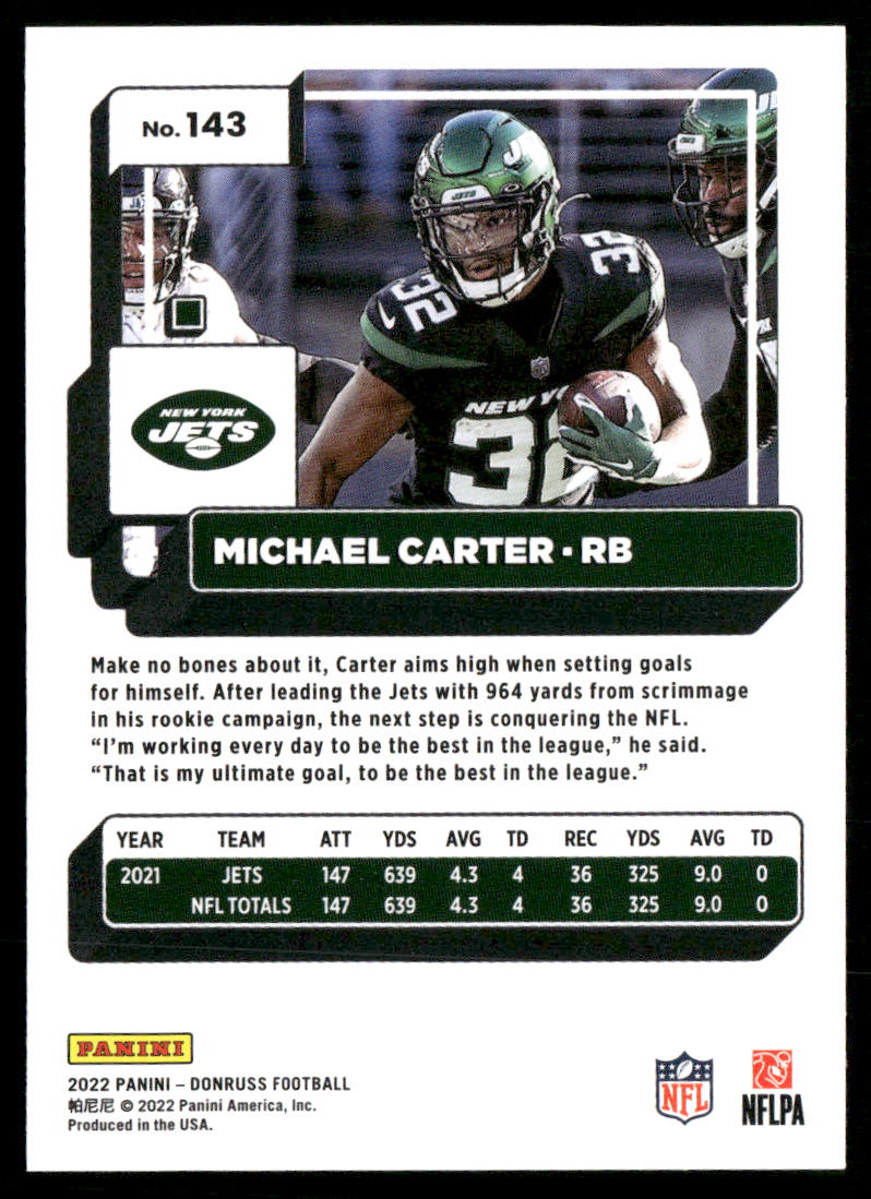 Michael Carter 2022 Donruss #143 New York Jets