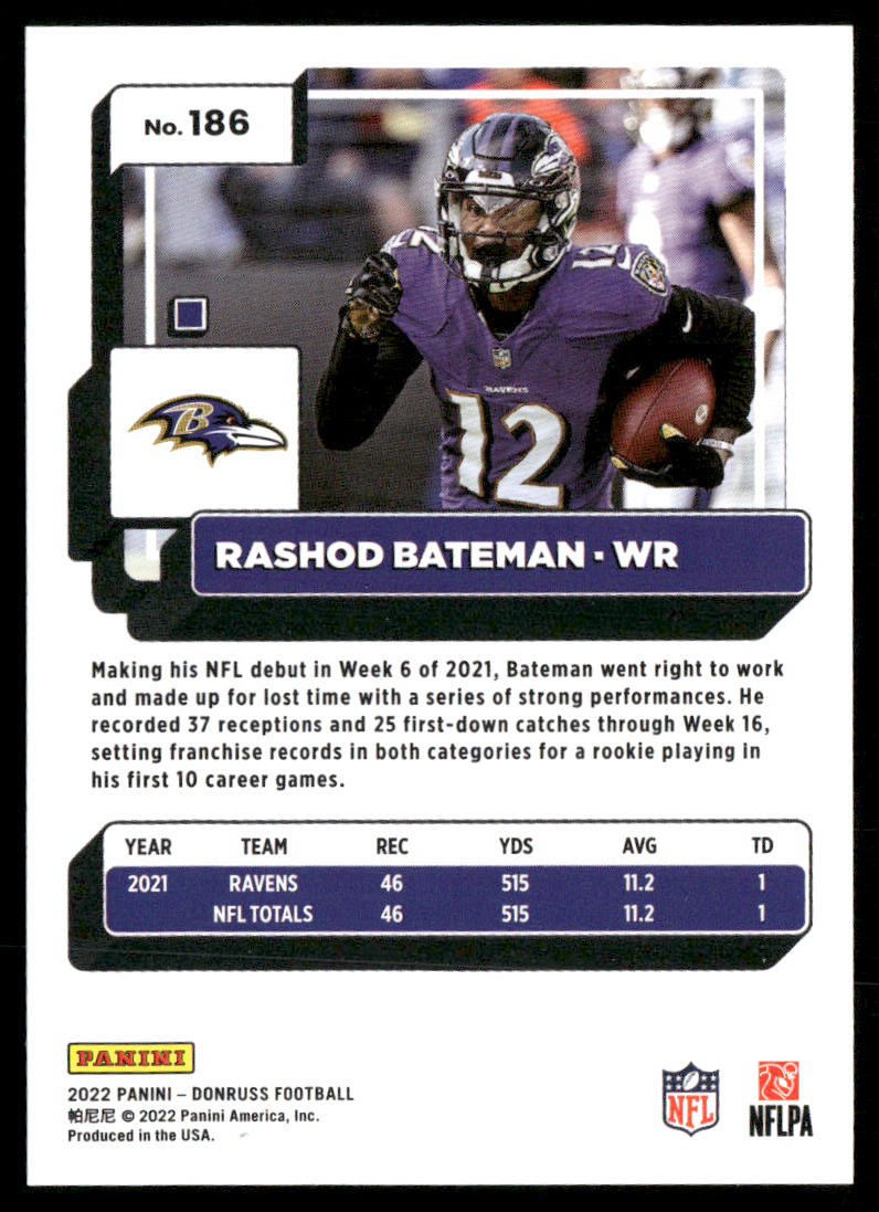 Rashod Bateman 2022 Donruss #186 Baltimore Ravens