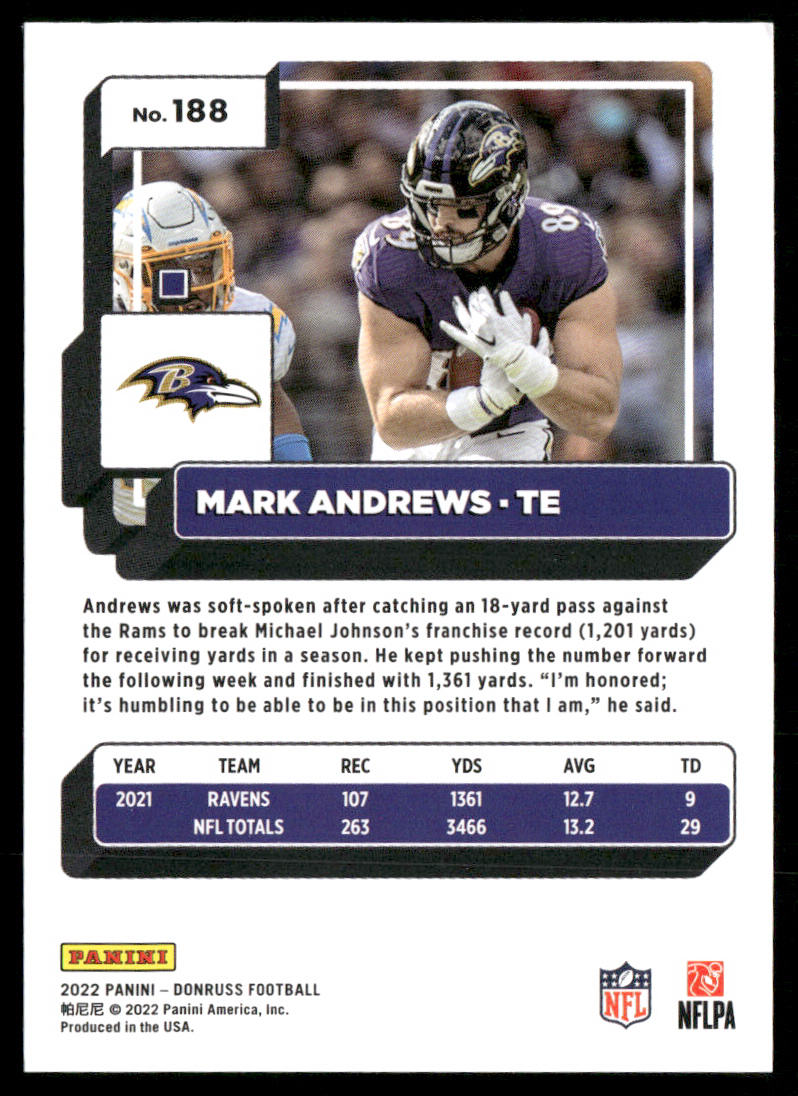 Mark Andrews 2022 Donruss #188 Baltimore Ravens
