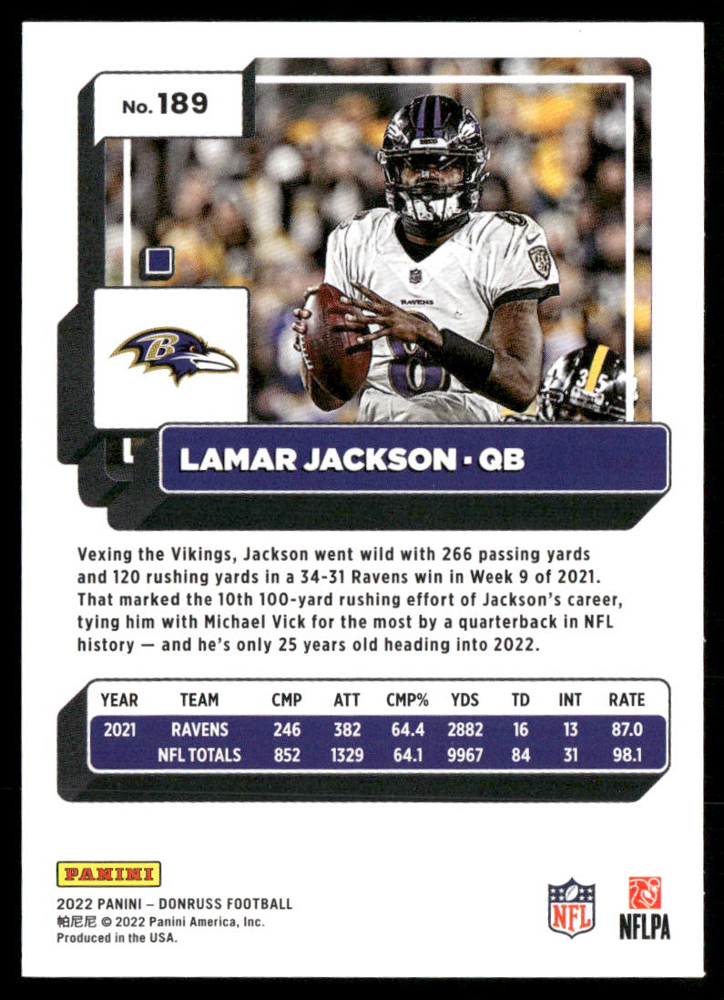 Lamar Jackson 2022 Donruss #189 Baltimore Ravens