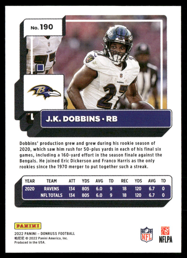 J.K. Dobbins 2022 Donruss #190 Baltimore Ravens