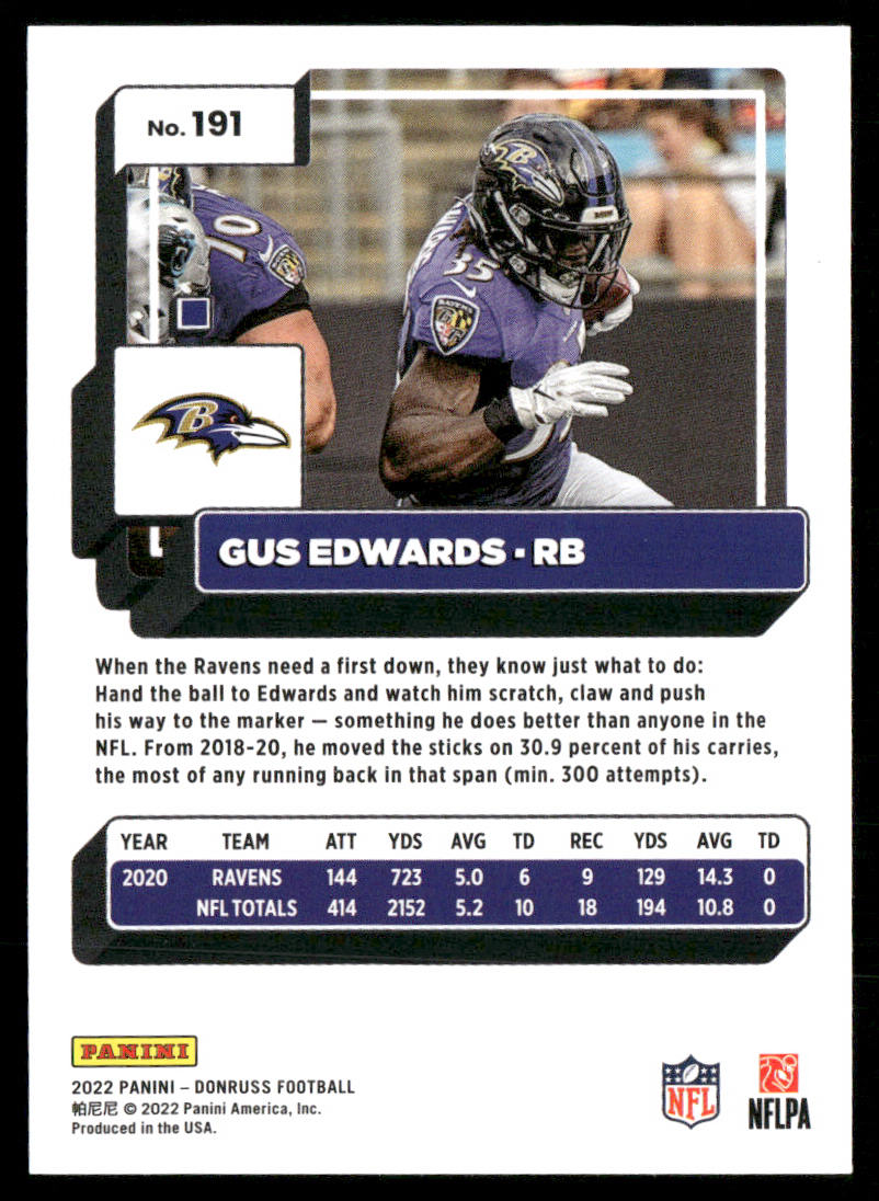 Gus Edwards 2022 Donruss #191 Baltimore Ravens