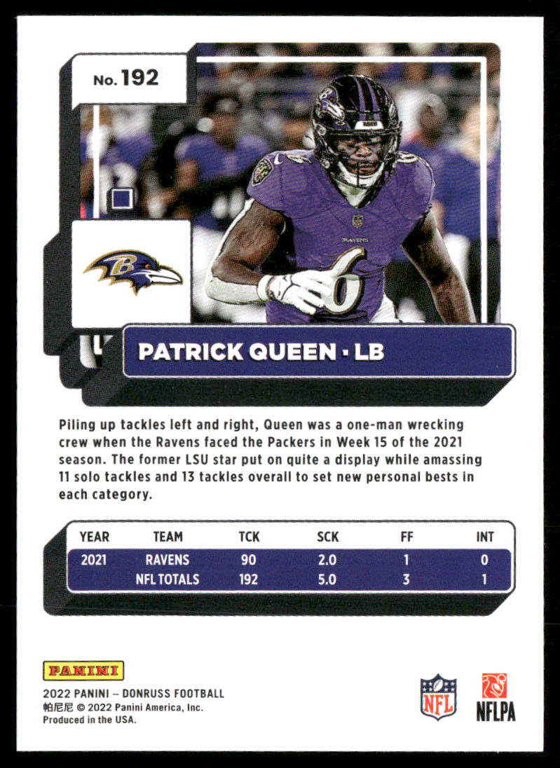 Patrick Queen 2022 Donruss #192 Baltimore Ravens