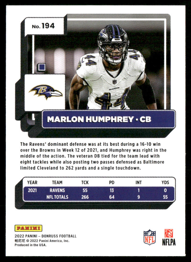 Marlon Humphrey 2022 Donruss #194 Baltimore Ravens