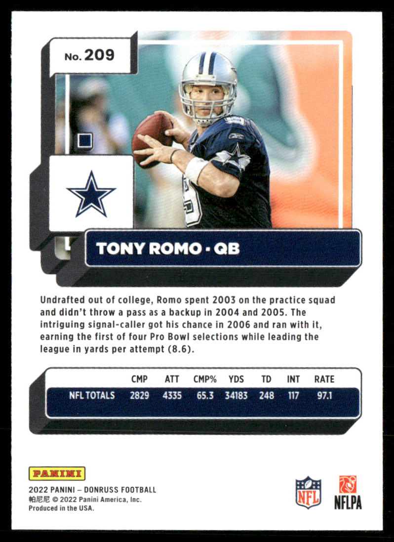 Tony Romo 2022 Donruss #209 Dallas Cowboys