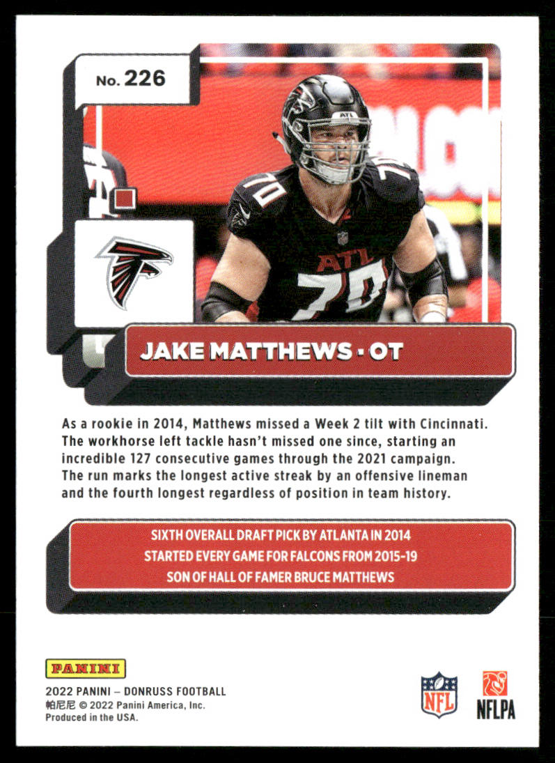 Jake Matthews 2022 Donruss #226 Atlanta Falcons